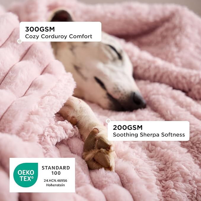 Bedsure ComfyFleece™ Waterproof Blanket for Bed, Twin（60"x80"） Blush Pink | Soft Plush Couch Bed Cover Corduroy Fleece for Furniture Protector, Cozy Calming Reversible Dog Blankets for Large Dogs Pet