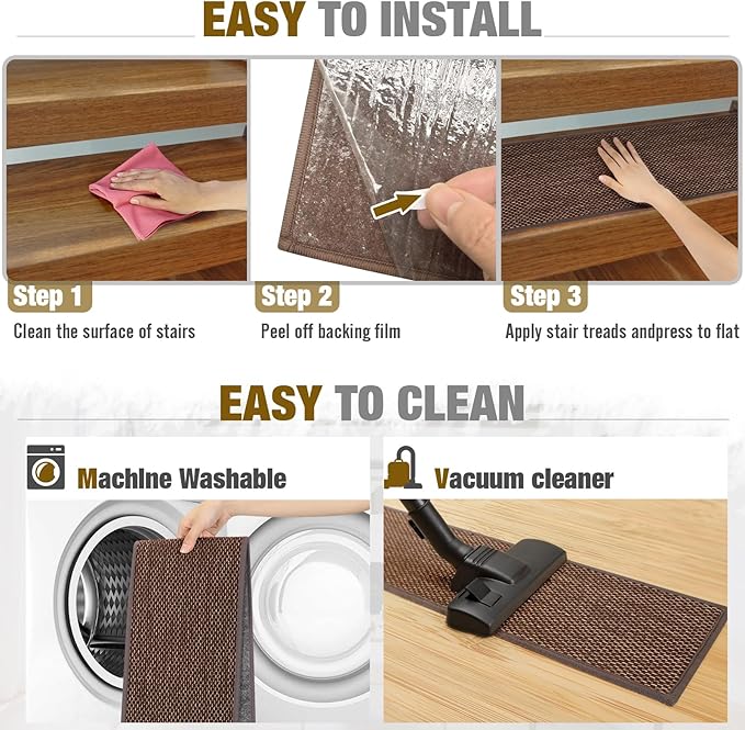 Stair Treads Non Slip for Wooden Steps Indoor 9" x 30" 15 Pack Extra Wide Stair Tread Carpet Stairs Runner, Step Pads with Reusable Adhesive for Dogs Kids Elders, Machine Washable, Brown