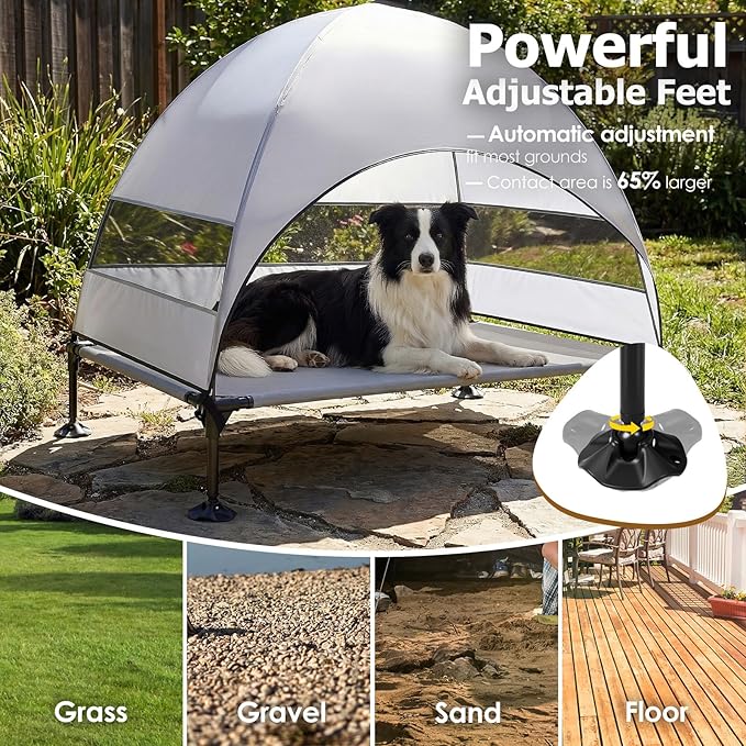Elevated Dog Bed with Upgraded Canopy, Raised Outdoor Dog Tent with Powerful Anti-Slip Feet, Portable Pet Cot with Larger Shade, Raised Cooling Bed for Camping, Backyard, Beach, Poolside