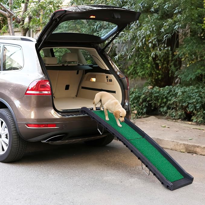 Folding Dog Car Ramps, Dog Steps for Bed, Length Portable Pet Ramp Stairs Step Ladder for Car, Truck,Non Slip Rug Surface, Dog Stairs for Large Dogs Up to 154LB (62 Inch Artificial Grass)