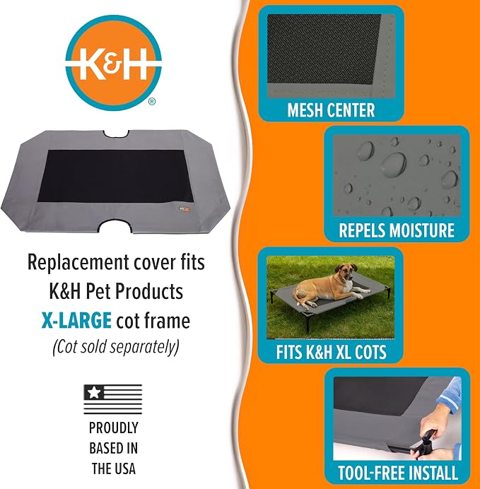 K&H Outdoor Elevated Dog Bed Pet Cot Replacement Cover, XL 50x32in, Gray | Designed to fit K&H XL Pet Cots (Sold Separately), Indoor Outdoor Dog Bed, Breathable Cooling Mesh Center, Machine Washable