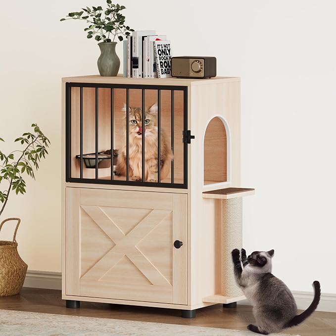 Dog Proof Cat Feeding Station, Dog Proof Cat Feeder, Cat Food Table,Nature | Cat Feeding Station with Scratching Post, Elevated Cat Food Bowls with Stand, Pet Food Storage Cabinet, Cat House Furniture