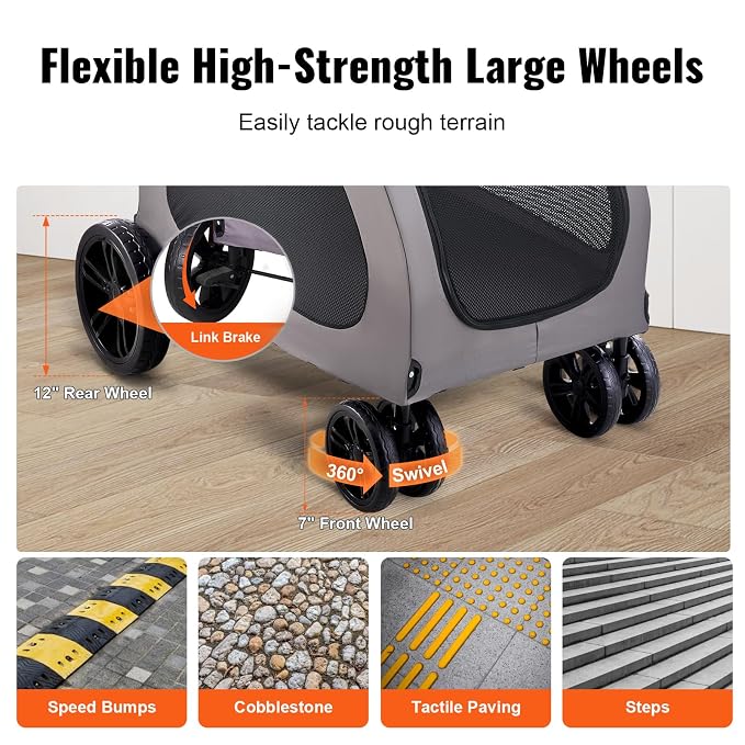 VEVOR Pet Stroller, 4 Wheels Dog Carrier with Brakes, 160lbs Weight Capacity, Portable Puppy Travel Strollers with Breathable Mesh Windows & Height-Adjustable, for Cats & Dogs