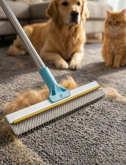 DELOMO Carpet Rake for Pet Hair Removal, Dual-Sided Rug Rake Scraper Broom | 54” Long Handle for No-Bend Cleaning, Metal + Short Silicone for Carpets & Rugs, Extended Silicone for Shag Rugs & Hard Floor
