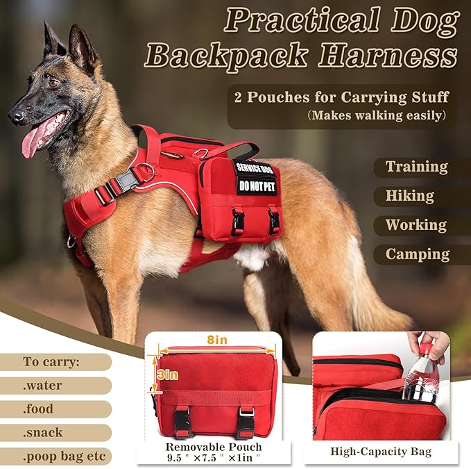 Service Dog Vest with Removable Backpack for Medium Sized Dog Red M | No Pull Adjustable Dog Harness with Pockets,Soft Padded Handles&Molle for Patches,Heavy Duty for Training Hiking Hunting