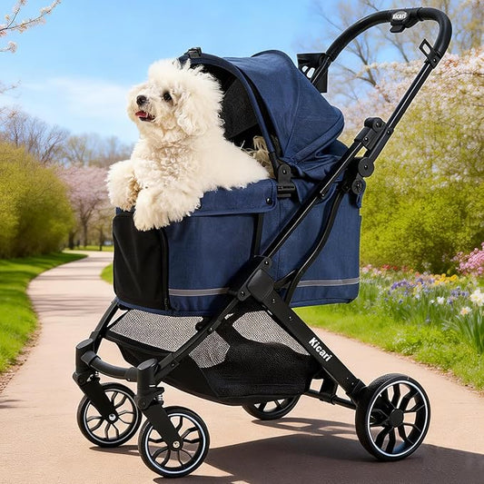 All-Terrain Dog Stroller for Small to Medium Dogs, Pet Stroller for Dogs & Cats Outdoor Walks, One-Hand Easy Fold, Double-Layer Anti-UV & Waterproof Canopy & Breathable Mesh, Midnight Blue