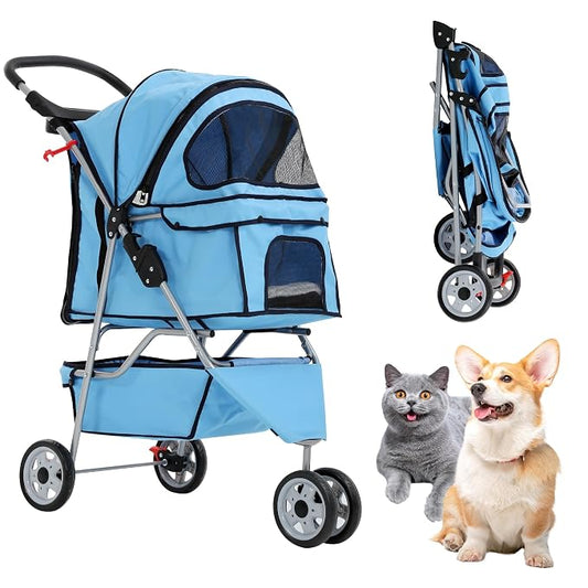 Pet Stroller for Small Medium Dogs & Cats,3-Wheel Breathable Compact Foldable Dog Carrier with Storage Basket, Outdoor Portable Lightweight Travel Stroller for Camping,Blue