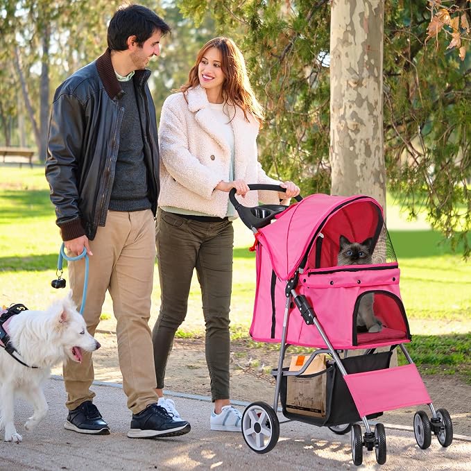 Pet Stroller for Medium Small Dogs - Easy to Walk Folding Travel Carrier Strolling Cart with Cup Holder, Weather Cover and Storage Basket (Pink)