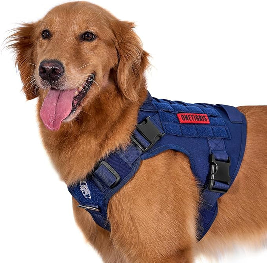 OneTigris Tactical Dog Harness Vest No-Pull Service Dog Vest for Large Dogs | 1000D Pullable Nylon, with Control Handle and Hook & Loop Panels, Easy On & Off, Adjustable for Walking Training Blue XL