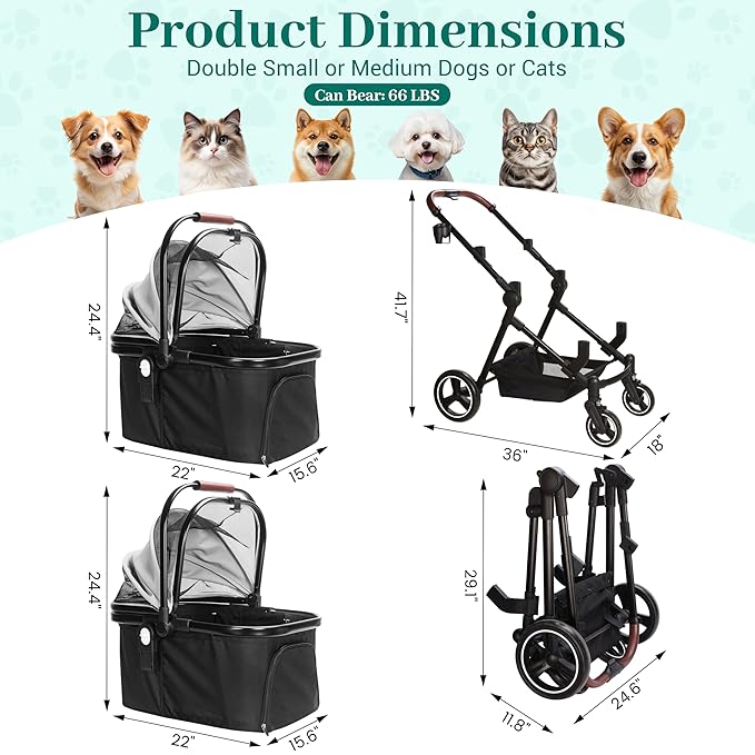 Foldable Double Pet Stroller for 2 Small Medium Cats Dogs | Convertible single/double | Detachable carriers | All-terrain wheels & shock | Safety brakes & tether | Breathable oxford