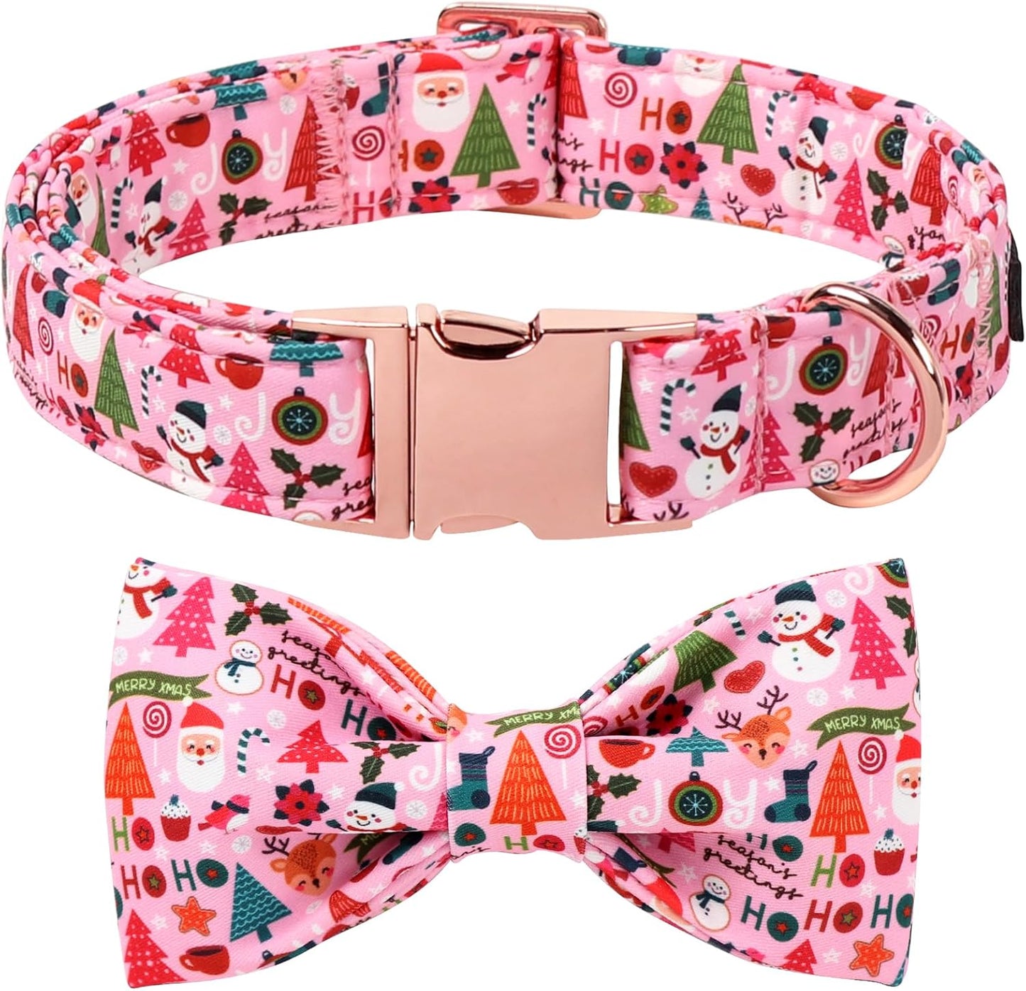 Lionet Paws Christmas Dog Collar with Bow tie,Cute Ho Christmas Tree Snowman Pink Dog Collar Bow Tie for X-Large Dogs Female, Neck 16-26 inches