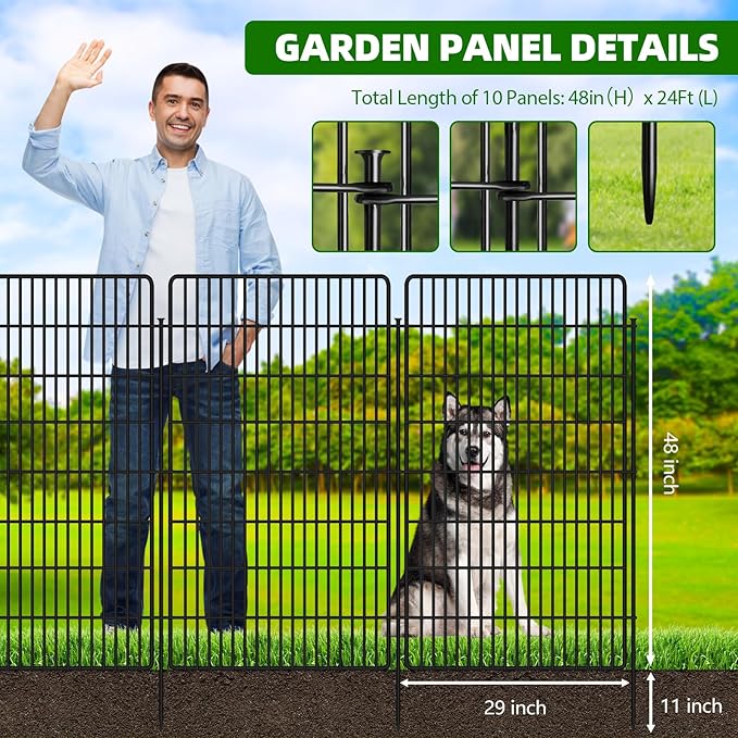 10 Panels Garden Fencing Animal Barrier with Lock, 48 in(H) X 24 Ft(L) Dog Fence Outdoor for Yard Rustproof No Dig Decorative Tall Garden Fence Metal Wire Panel Border Rabbit Ground Stakes Fencing