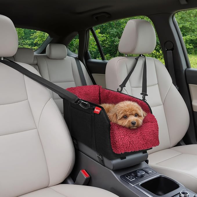 BurgeonNest Center Console Dog Car Seat for Small Pets to 11lbs, Red | Anti-collapse armrest Console seat with washable fluffy cushion, pillow & tether for stable, cozy pet travel trips.