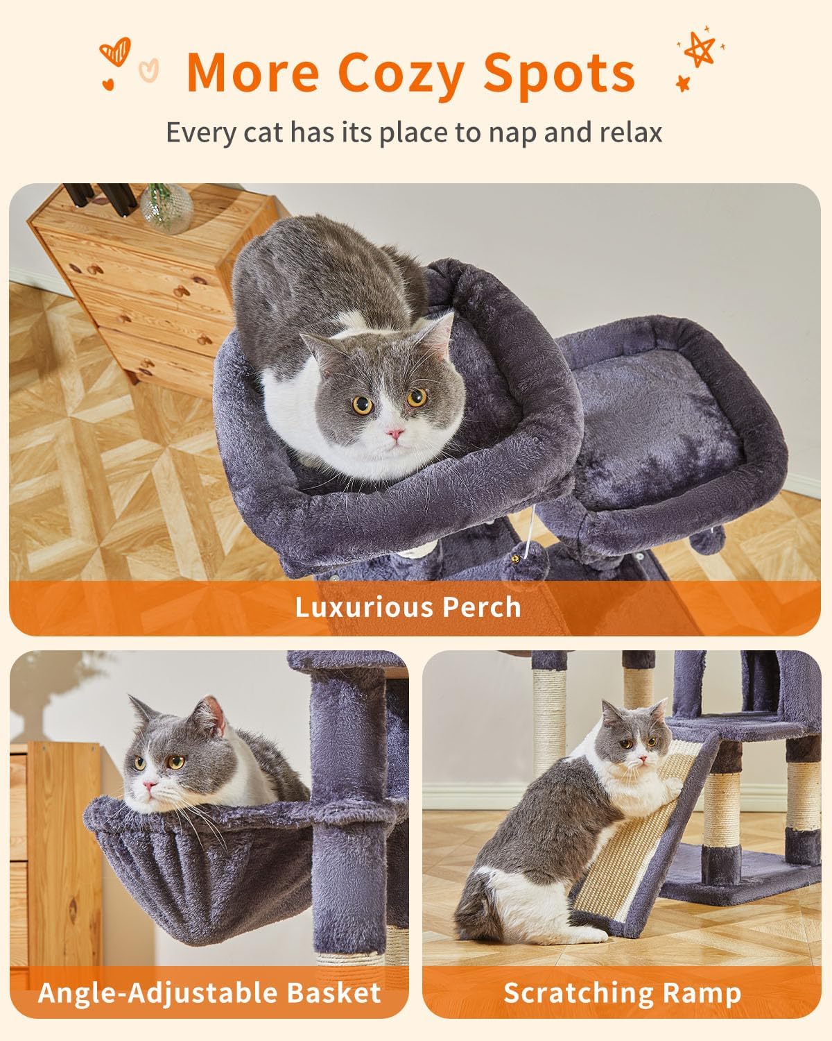 Taoqimiao 56.3-Inch Cat Tree, Cat Tower with Scratching Posts, Cat Tree House for Indoor Cats with hammocks, Toys, Condo and Large Scratch Board, Smoky Gray MS012G