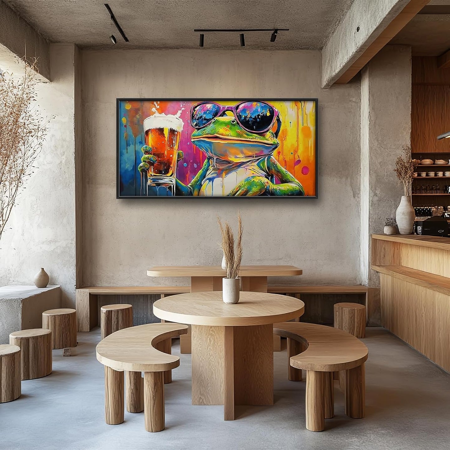 Large Graffiti Frog Wall Art for Living Room, Framed Oversized Funny Frog Beer Wall Decor Colorful Animal Canvas Painting Modern Artwork for Bathroom Bedroom Office Dining Room 60"x30"