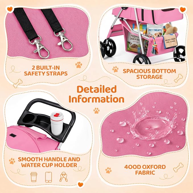 ZENY Foldable Pet Stroller, Cat/Dog Stroller with 4 Wheel, Pet Travel Carrier Strolling Cart with Storage Basket, Cup Holder (Pink)