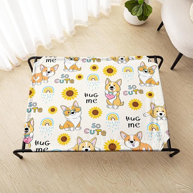 Kawaii Corgi Sunflower Orthopedic Elevated Dog Pet Bed(35"X25"X8"),with Metal Frame,Printing Breathable Waterproof Dog Kennel,Sleeping Bed for Small Medium Large Dogs Cats,for Home,Outdoor Use