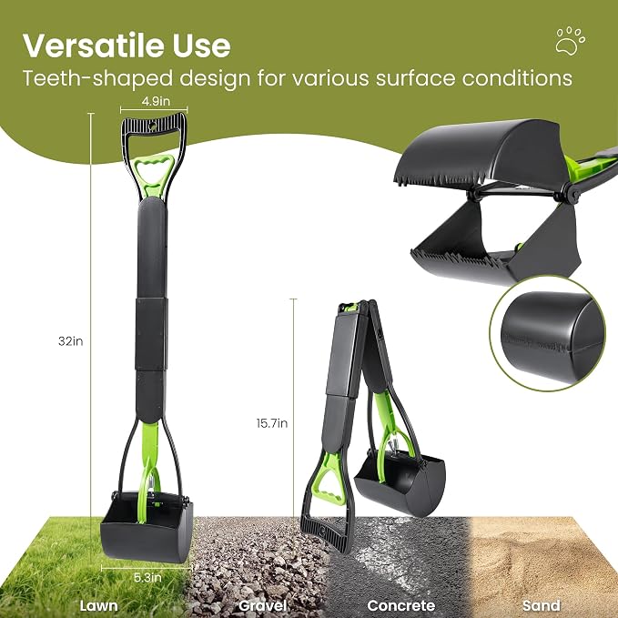 32in Dog Pooper Scooper with Bag Attachment, Foldable Long Handle | Thickened ABS dog scooper for large dogs. Features curved grip, jagged teeth, 120 bags, clip & extra 2x springs/buckles