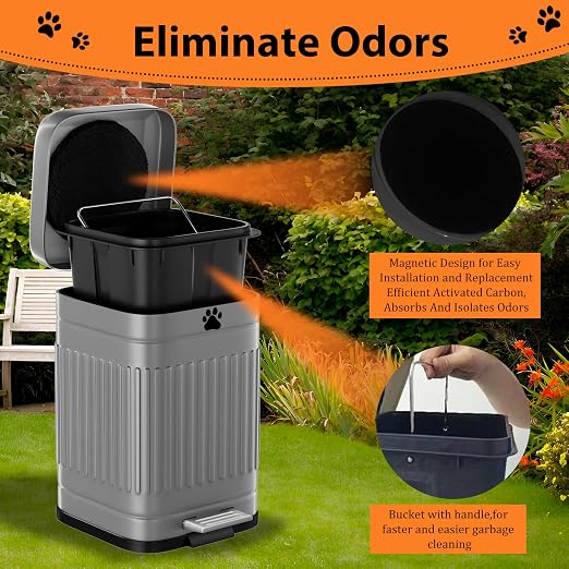 Dog Poop Trash Can Outside - 5L/1.3Gal Small Trash Can with Lid, Gray | Outdoor Dog Poop Trash Can with 40 Bags, Pedal, Removable Inner Bin, Metal Dog Waste Trash Can with Soft Close, Odor Control