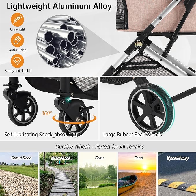 Medium Dog Stroller, Kenyone Pet Stroller for Medium Dogs Up to 55lbs, Lightweight Aluminum Frame, One Click Folding, Large Cat Stroller with No Zip Entry, Detachable Mesh, Multiple Pockets