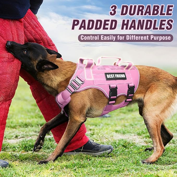 Air Mesh Tactical Dog Harness with Metal Buckles&MOLLE,Pink XL | Breathable Adjustable No Pull Service Dog Vest with 3 Padded Handles,Military Dog Harness for Training Hiking Hunting Working