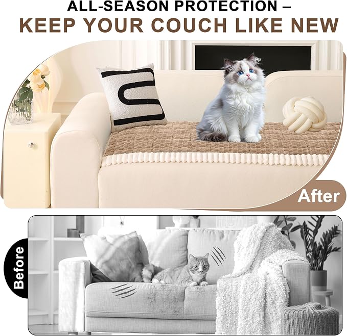 OTOB All Seasons Couch Covers for 3 Cushion Sofa Pet Friendly, Non Slip Plush Fuzzy Sofa Covers Washable, Soft Cozy Sofa Slipcovers Dog Bed Mat Furniture Protector (Coffee, 27.6" x 82.7")