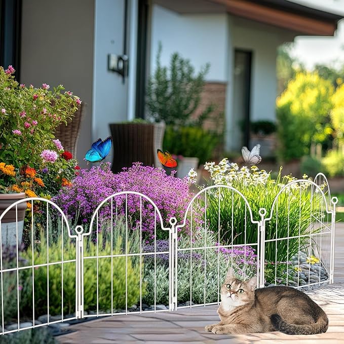 10 Pack Decorative Garden Fence, 17in x10ft Garden Fencing Animal Barrier for Dogs, Rustproof Metal Fence Panels with Ground Stake, Arched Flower Bed Edging Borders for Yard & Patio, White
