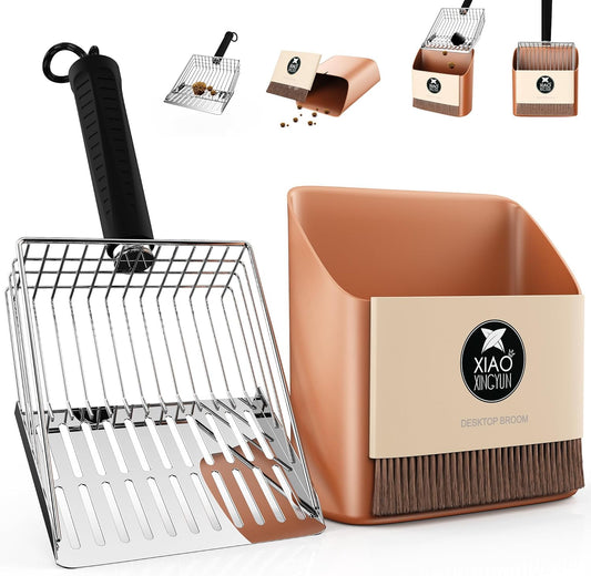 Cat Litter Scooper with Holder, Metal Litter Scoop Includes Portable Small Broom and Dustpan Set, Heavy Duty Stainless Steel Litter Scoop with Coarse and Fine Grid, Quick Sift and Easy Clean