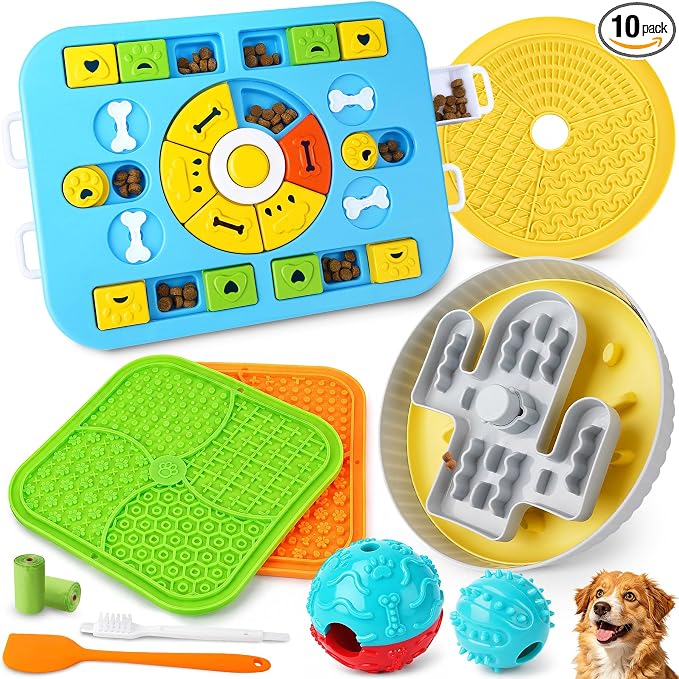 Forfon 10 Pack Complete Dog Puzzle Toy Set for All Breeds, Upgraded Enrichment Toys with Lick Mat & Slow Feeder Bowl, Suction Cup Design, Keeps Dogs Busy & Mentally Stimulated