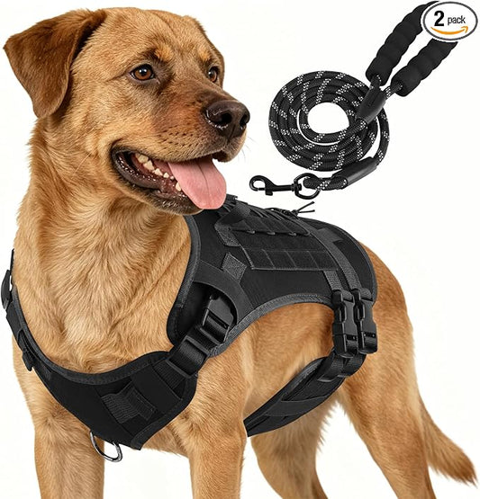 YooxArmor No Pull Dog Harness and Leash Set, Tactical Adjustable for Medium Sized Dog, Easy Walk Soft Vest Padded Oxford for Training Hiking (Black-M)