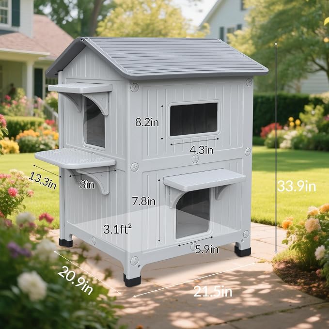 Outdoor Cat House 2 Story HDPE Weatherproof for Feral Cat, Grey with Mat | 21.5" D x 21" W x 34" H, Plastic Elevated Insulated Cat Shelter with Escape Door, Easy Clean & Assemble, Expansive Interior‌