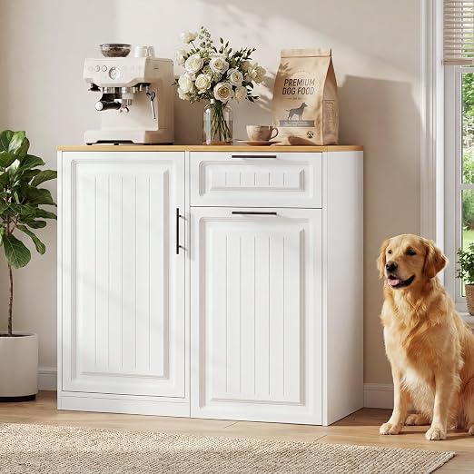 ZIFTY Pull Out Trash Can Cabinet with Storage, 13 Gallon Trash Can, White | Pet Proof, Freestanding Kitchen Cabinet, Drawer & Adjustable Shelf, Garbage Recycling, Modern Farmhouse Waste Bin Furniture