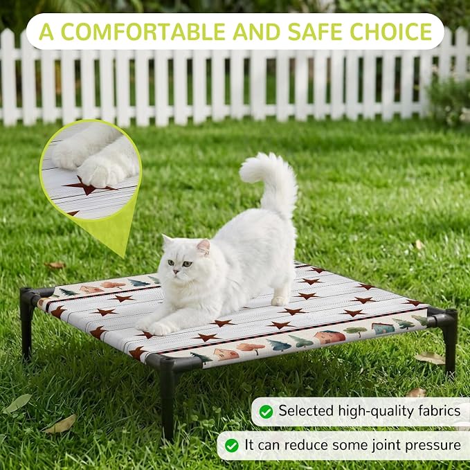 Outdoor Elevated Dog Bed for Small Dogs, Farmhouse Star Wooden Breathable Cooling Raised Dog Cot for Indoor/Outdoor, Trees Grey Wooden Waterproof Elevated Pet Beds, S 20 x 20 in