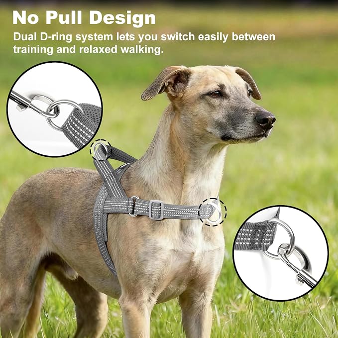 No Pull Dog Harness with Handle, Adjustable Soft Mesh Padded Vest | Reflective Walking Harness with Front Clip for Small Medium Large Dogs, Quick Fit No Escape for Training, Gray. XS