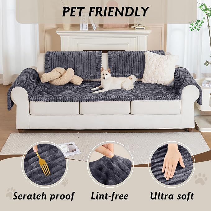PuTian 100% Waterproof Fuzzy Couch Cover for Dogs Dark Grey 27.6"x59" | Pet Friendly Dog Mat for Couch, Waterproof Sofa Protector, Scratch Resistant Furniture Cover for Dogs, Machine Washable