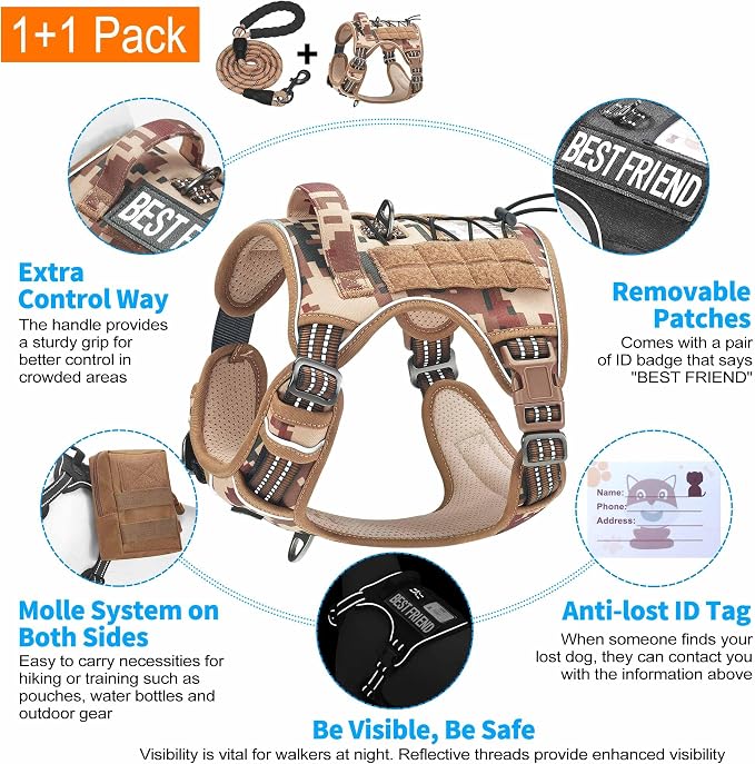 Beebiepet Heavy Duty Tactical Dog Harness for Small Dogs, No Pull Adjustable Pet Harness Reflective Service Training Easy Control Pet Vest Military K9 Working Dog Harnesses-X- Large, Desert Camo