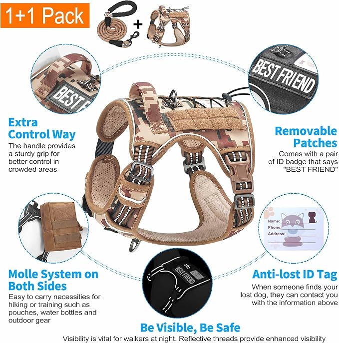 Beebiepet Heavy Duty Tactical Dog Harness for Small Dogs, No Pull Adjustable Pet Harness Reflective Service Training Easy Control Pet Vest Military K9 Working Dog Harnesses- Medium, Desert Camo