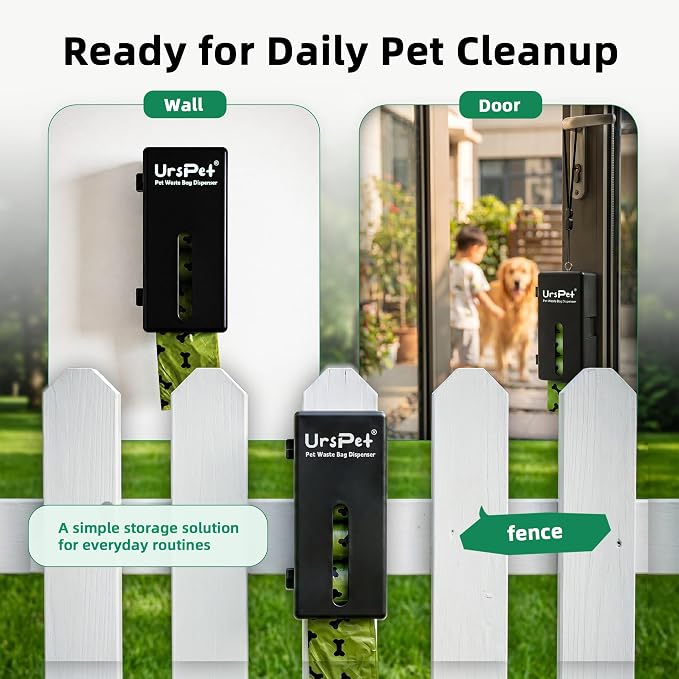 URSPET Dog Poop Bag Dispenser with 4 Rolls, Wall Mount Pet Waste Holder | Stick-On or Screw-On, Viewing Window, Easy Bag Pull, Flip-Top Refill, 60 Bags Included, Indoor and Outdoor Use