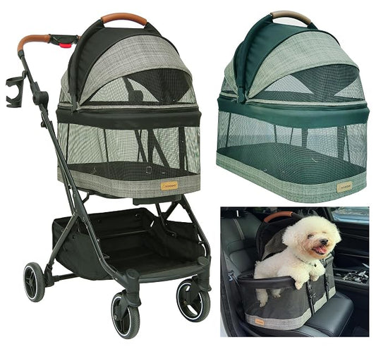 ROODO 2026 Upgraded Version 3-in-1 Dog Cat Stroller with Detachable Carrier Folding Lightweight Portable Travel Pet Gear All-Terrain Puppy Doggie Kitty Bunny Stroller for 35 lbs(Grey Lattice)
