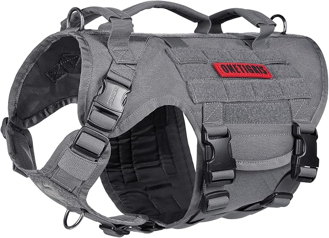 OneTigris Large Tactical Dog Harness, No Pulling Adjustable Dog Vest Harness, Heavy Duty Dog Harness with Handle, Large Hook and Loop Panels for Patch(Grey,S)