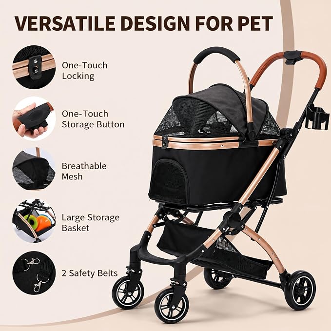 Dog Strollers for Small Medium Dogs and Cats 45 lbs, 3-in-1 Pet Stroller with Removable Carrier, 4 Wheels One-Hand Fold Travel Carriage with Storage, Cup Holder and Car Seat, Black
