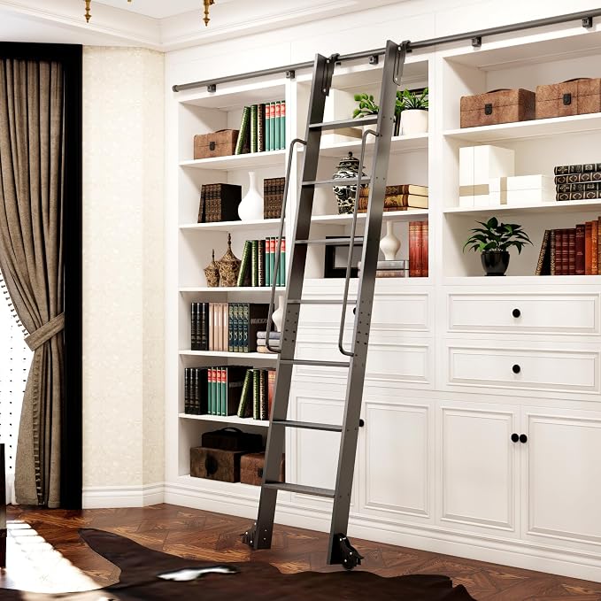 DIYHD 87" Rolling Library Ladder with Handrail, 4FT Sliding Rail, Black | 7-Step lightweight ladder with space-saving upright storage, Telescopic top hooks, Locking bottom rollers, 300lbs capacity