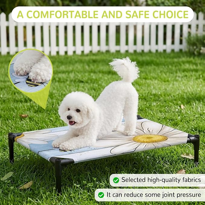 Outdoor Elevated Dog Bed for Medium Dogs, White Daisy Rustic Breathable Cooling Raised Dog Cot for Indoor/Outdoor, Pastoral Flowers Honeybees Blue Wood Waterproof Elevated Pet Beds, M 24 x 20 in