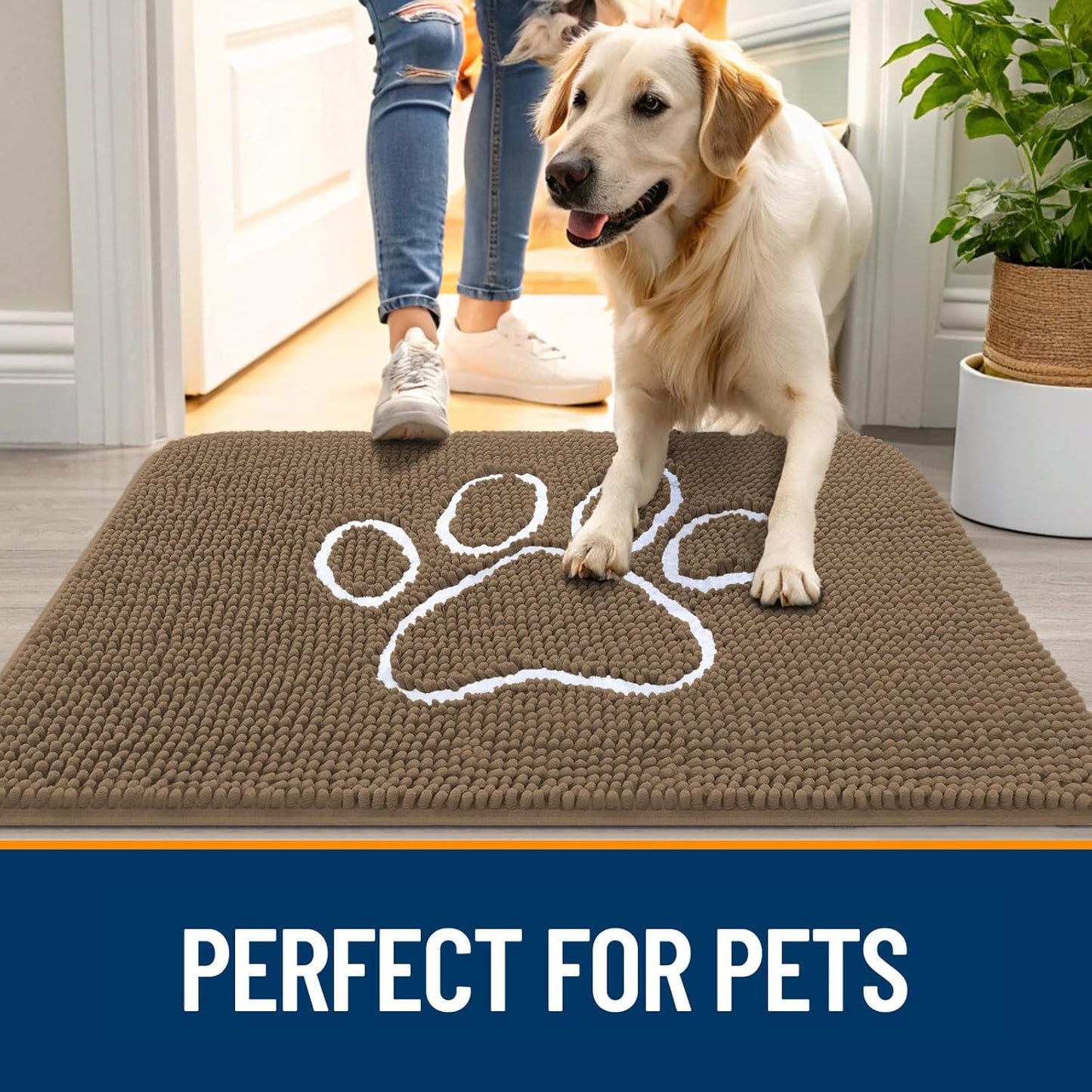 OLANLY Door Mat for Muddy Dog Paws 36x24, Ultra Absorbent Chenille Mud Doormat with Paw Print Design, Non-Slip Washable Doormat for Indoor Entryway, Quick-Dry Pet Bed Mats for Dirty Dogs, Tan