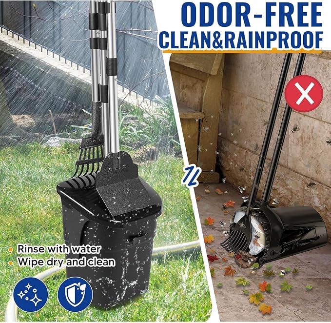 3pcs Heavy Duty Dog Pooper Scooper with 40 Bags, Long Handle Swivel Bin & Rake Spade for Large Medium Dogs, Pet Waste Removal for Yard Grass Gravel, Easy to Clean