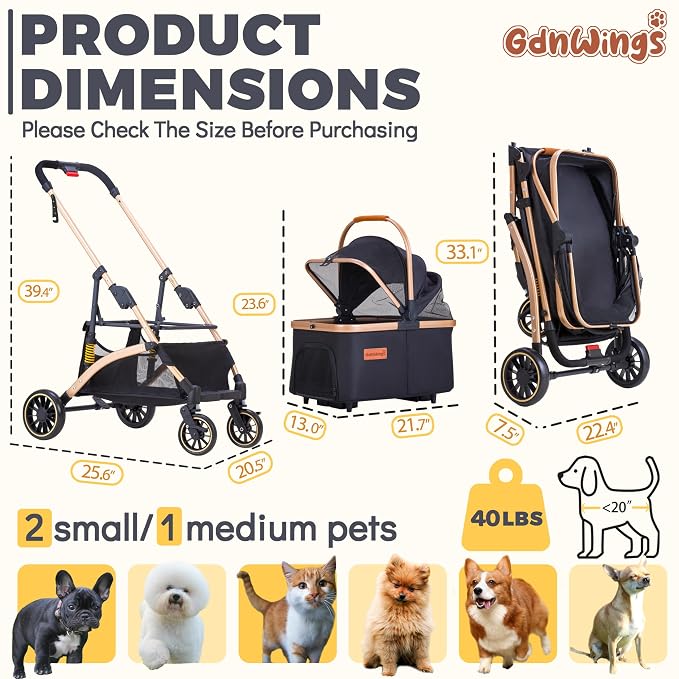 Dog Stroller for Small Dogs, Lightweight Pet Stroller for 2 Cats Dogs with 6 Shock Absorption System, Detachable Carrier Suitable for Car Seat & Hand Carry, Safe Outings, Black