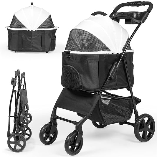 3-in-1 Folding Pet Stroller with Detachable Carrier – Lightweight Foldable Stroller for Cats & Dogs, Dog Carriers & Travel Products Solution with Safety Lock + Storage Basket