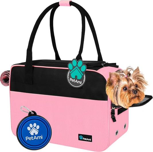 PetAmi Dog Purse Carrier for Small Dogs Cats, TSA Airline Approved Soft-Sided Pet Carrier with Pockets, Ventilated Travel Tote Bag with Bed & Shoulder Strap, Puppy Kitten, Max 12 lbs, Pink