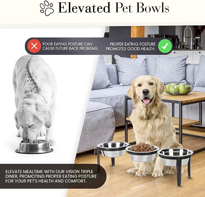 Vision Triple Diner - 3 Bowl Dog Feeder - Medium to Large Dogs - Multi-Dog Feeding Station - Furniture Grade Steel - UV Weather Resistant - No Noise - Indoor/Outdoor - 7" Tall