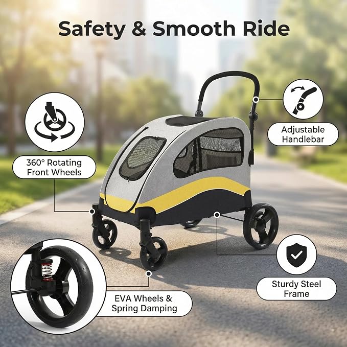 Garvee Extra Large Dog Stroller with Steel Pipe Frame, Wheels, Brakes, Shock Absorption, Foldable Design - Yellow